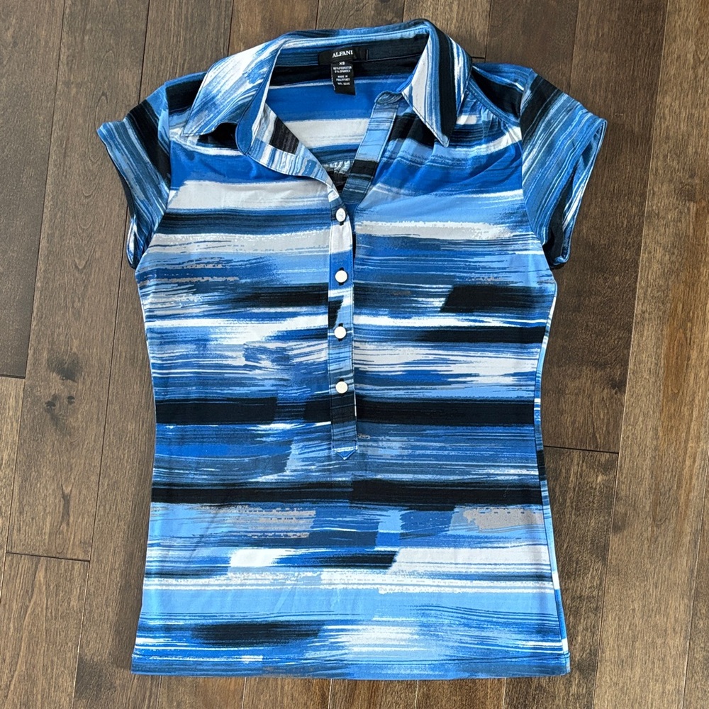 Alfani Blue and Black Button Down Blouse XS